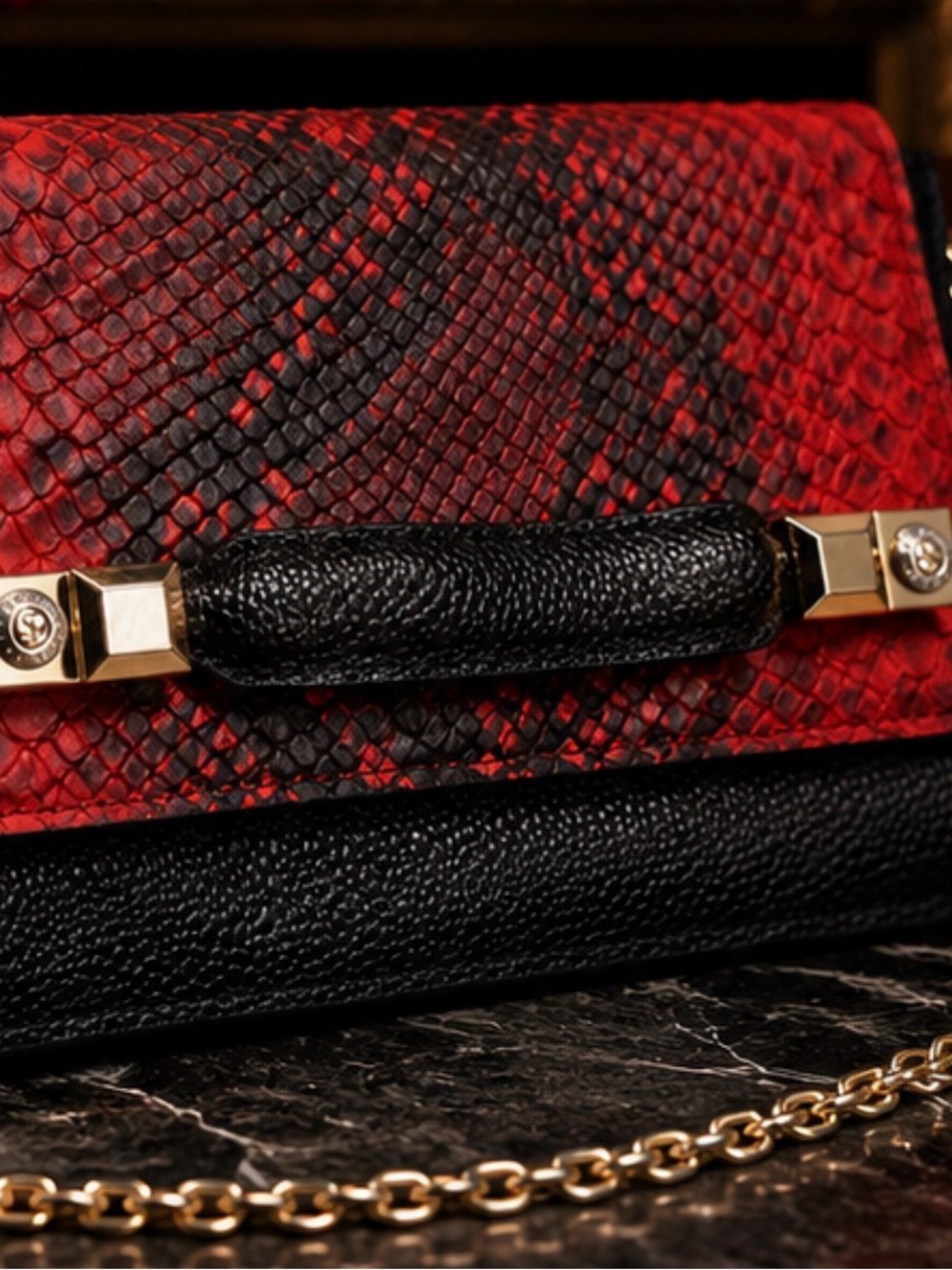 Henri Bendel Exotic Red and Black Snake-Embossed Clutch with Gold Hardware - Picture 5 of 13